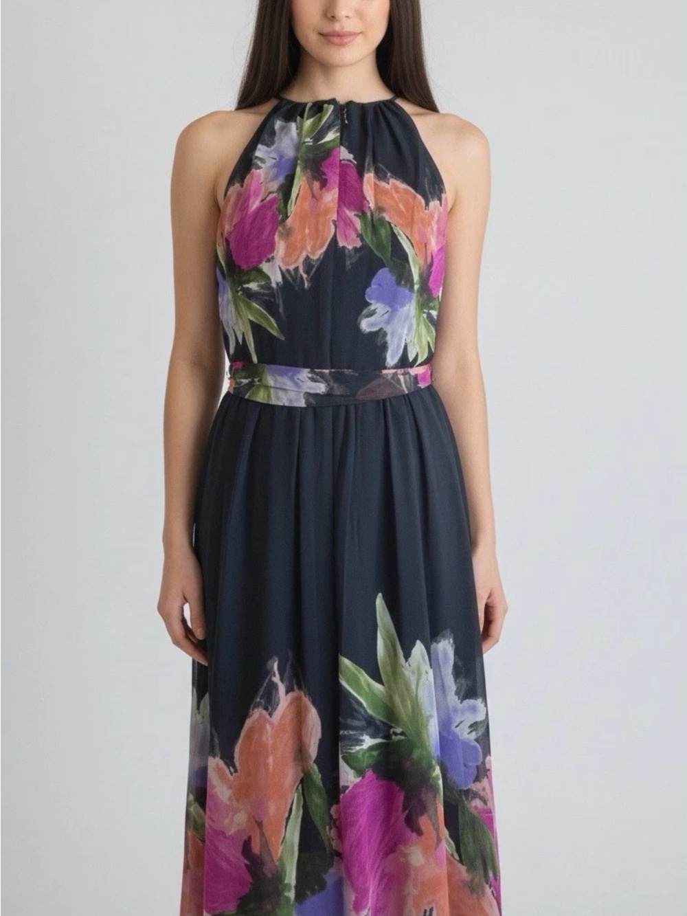 DKNY Halter-Neck Floral Dress in Blue with Pink & Purple Blooms Size 6